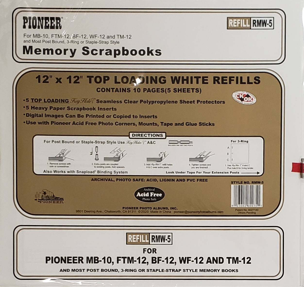 Pioneer Top Loading Refills, 12x12, White - 5 sheets